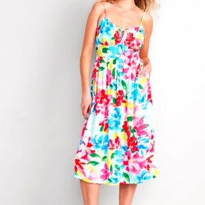 NWT Floral Fit and Flare Midi Sundress Smock Back Tie Front Size L